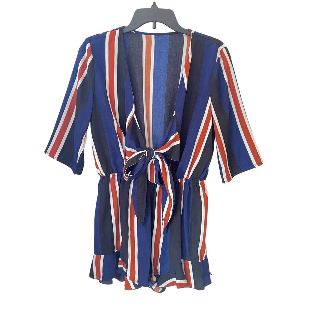 SHEIN Womens Blue Orange Striped Tie Front Short Sleeve Ruffle Romper Size  L